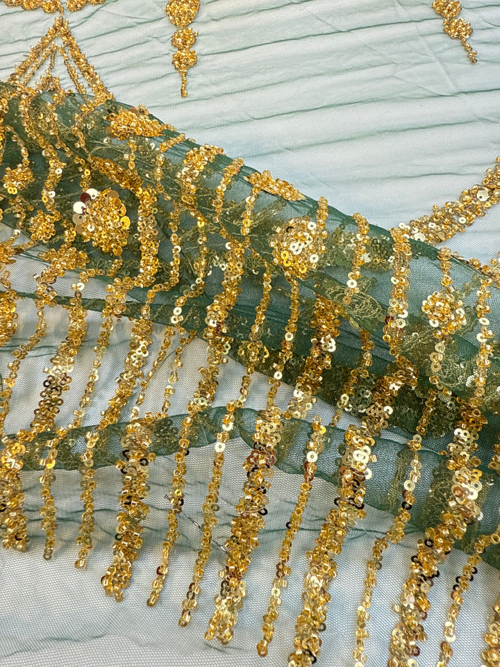 Luxury Golden Sequin Chandelier Embroidered Tulle Fabric – Couture Evening & Bridal Wear (1 Piece = 3.5 Meter)