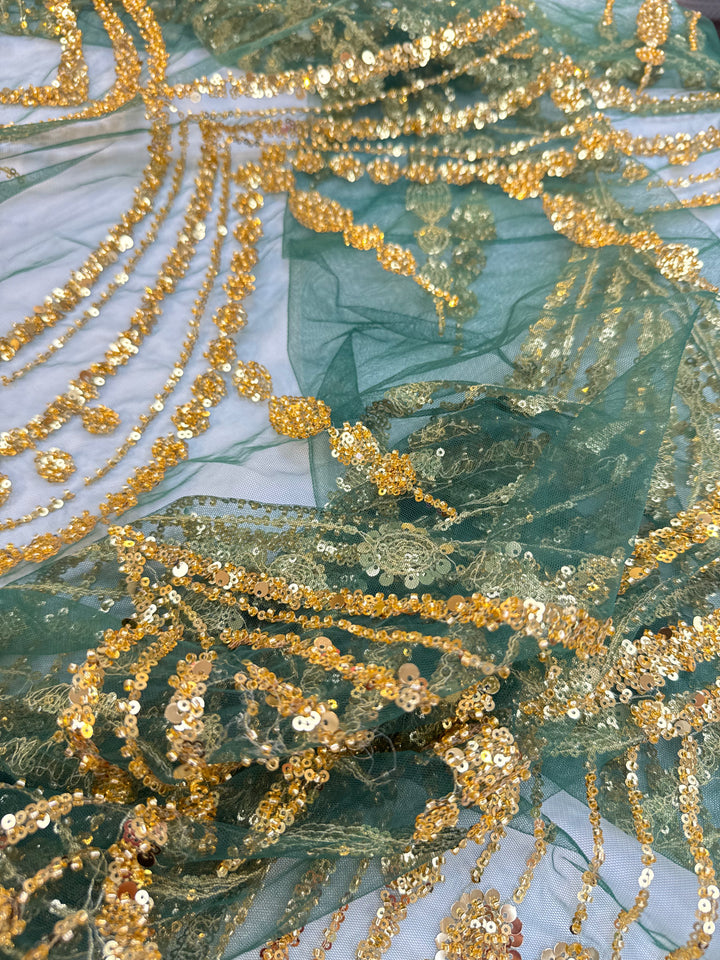 Luxury Golden Sequin Chandelier Embroidered Tulle Fabric – Couture Evening & Bridal Wear (1 Piece = 3.5 Meter)
