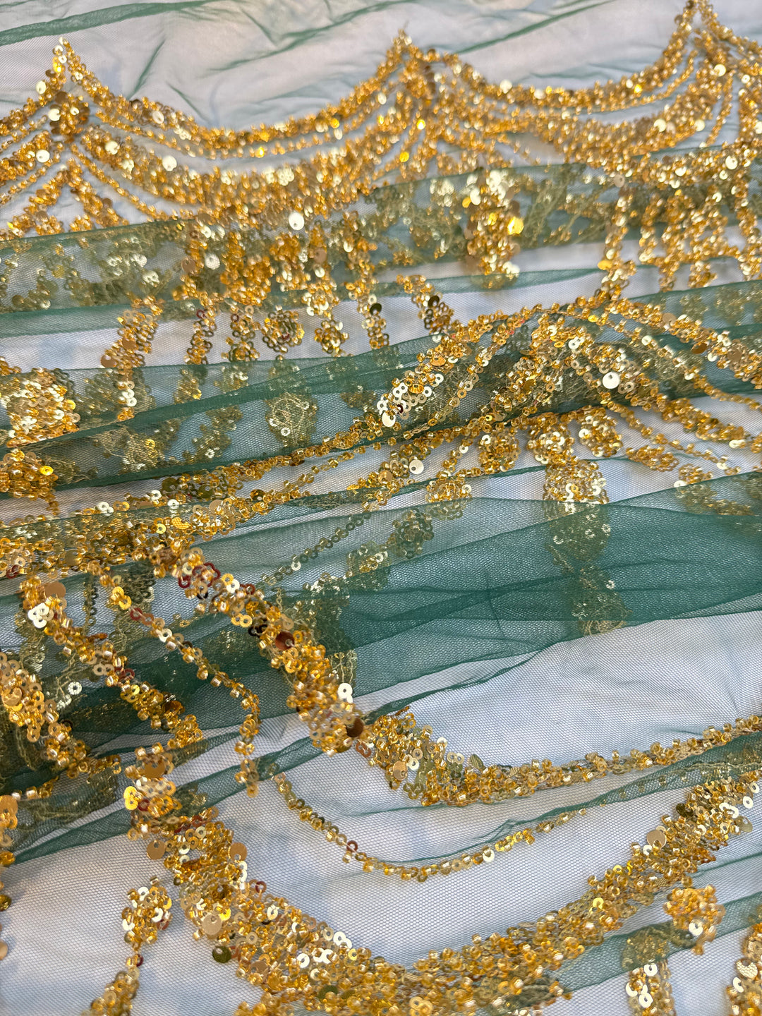 Luxury Golden Sequin Chandelier Embroidered Tulle Fabric – Couture Evening & Bridal Wear (1 Piece = 3.5 Meter)