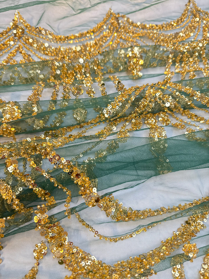 Luxury Golden Sequin Chandelier Embroidered Tulle Fabric – Couture Evening & Bridal Wear (1 Piece = 3.5 Meter)