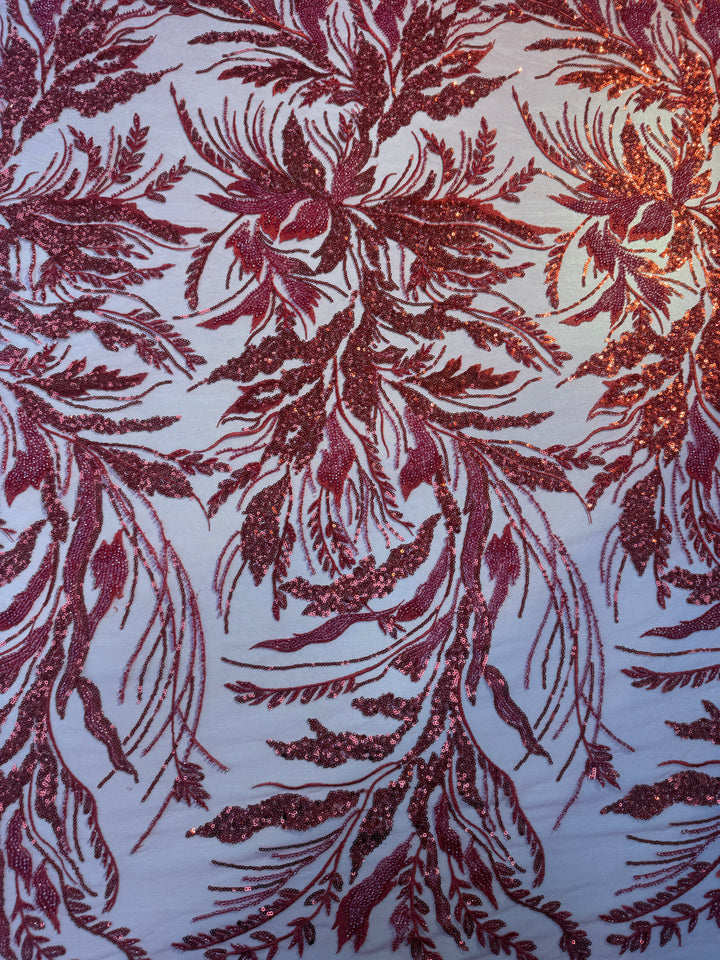 Luxury Red Floral Sequin & Beaded Embroidered Tulle Fabric – Haute Couture Design (1 Piece = 2.5 Meter)