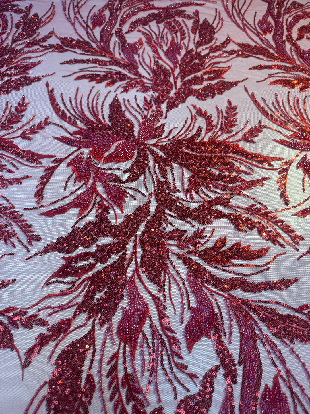 Luxury Red Floral Sequin & Beaded Embroidered Tulle Fabric – Haute Couture Design (1 Piece = 2.5 Meter)