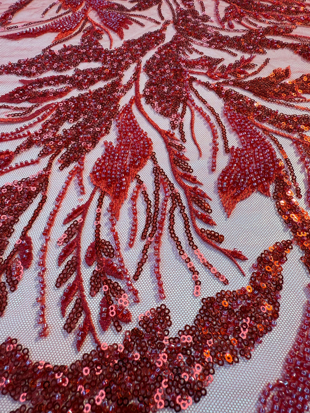 Luxury Red Floral Sequin & Beaded Embroidered Tulle Fabric – Haute Couture Design (1 Piece = 2.5 Meter)
