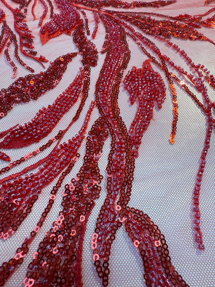 Luxury Red Floral Sequin & Beaded Embroidered Tulle Fabric – Haute Couture Design (1 Piece = 2.5 Meter)