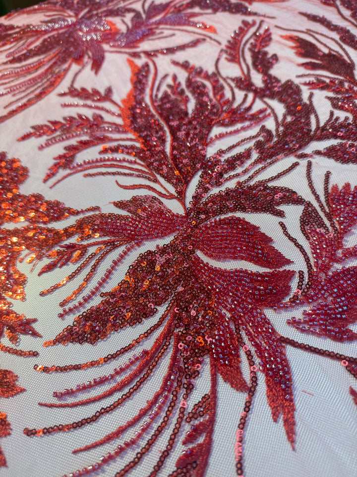 Luxury Red Floral Sequin & Beaded Embroidered Tulle Fabric – Haute Couture Design (1 Piece = 2.5 Meter)