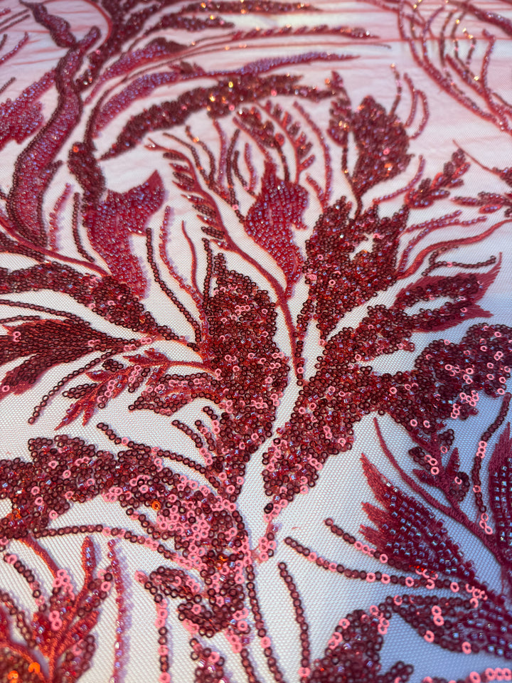 Luxury Red Floral Sequin & Beaded Embroidered Tulle Fabric – Haute Couture Design (1 Piece = 2.5 Meter)