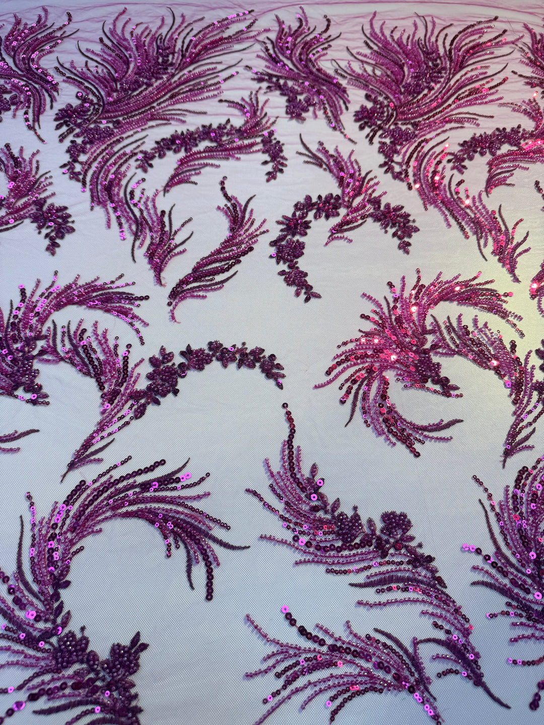 Luxury Magenta Sequin & Bead Embroidered Tulle Fabric – Haute Couture Evening & Bridal Wear (1 Piece = 2.5 Meter)