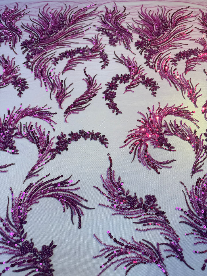 Luxury Magenta Sequin & Bead Embroidered Tulle Fabric – Haute Couture Evening & Bridal Wear (1 Piece = 2.5 Meter)