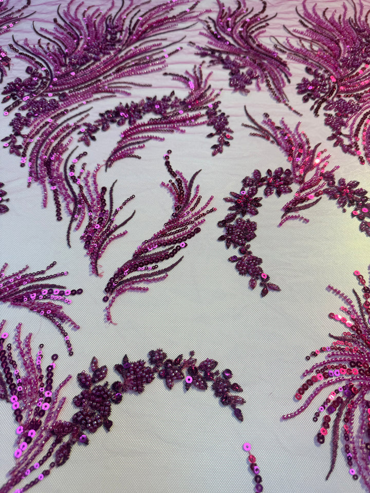 Luxury Magenta Sequin & Bead Embroidered Tulle Fabric – Haute Couture Evening & Bridal Wear (1 Piece = 2.5 Meter)