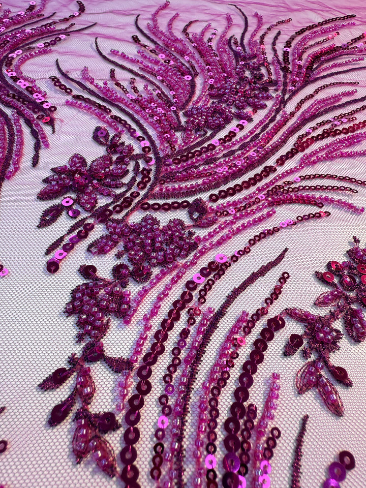 Luxury Magenta Sequin & Bead Embroidered Tulle Fabric – Haute Couture Evening & Bridal Wear (1 Piece = 2.5 Meter)