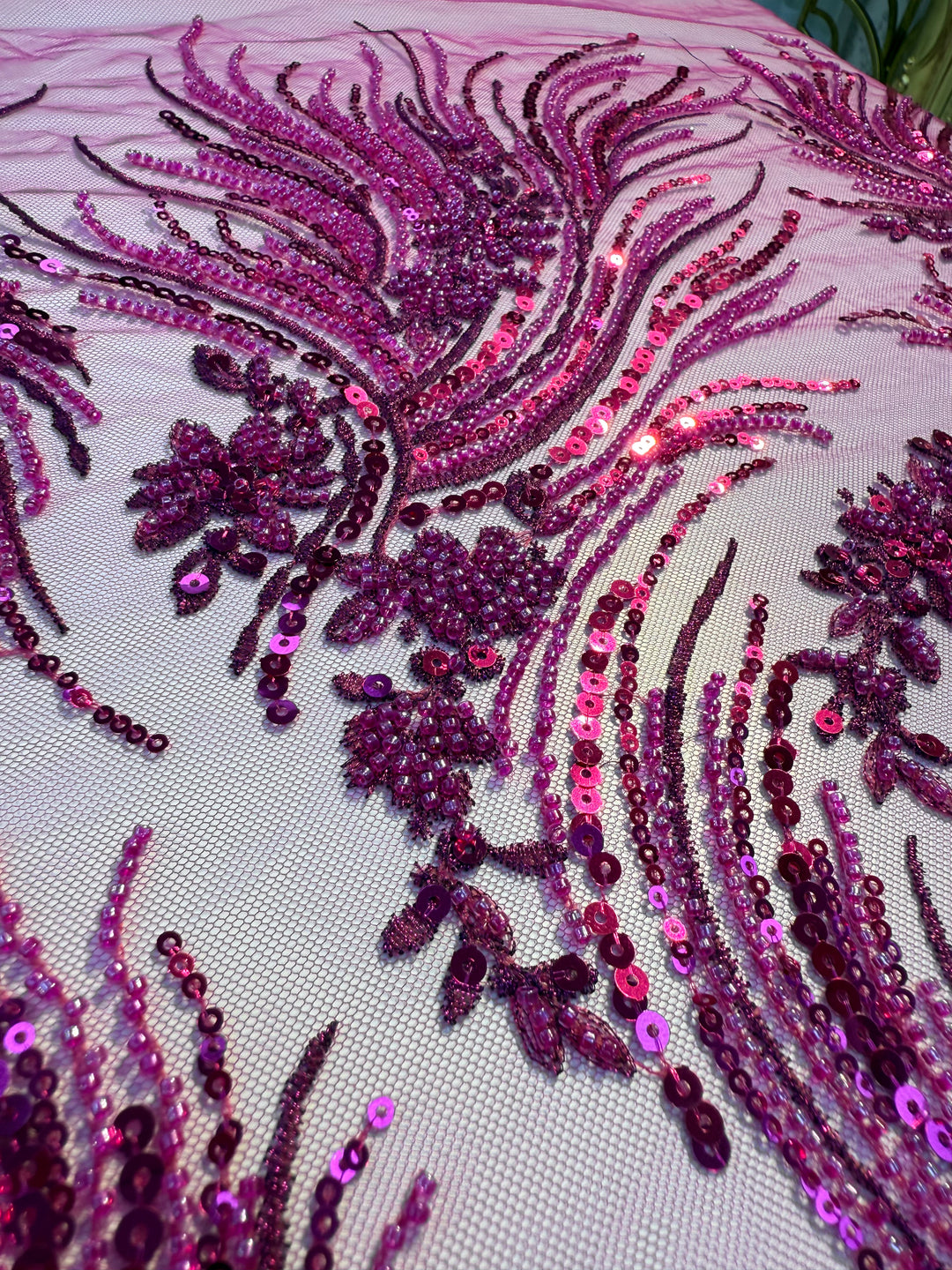 Luxury Magenta Sequin & Bead Embroidered Tulle Fabric – Haute Couture Evening & Bridal Wear (1 Piece = 2.5 Meter)
