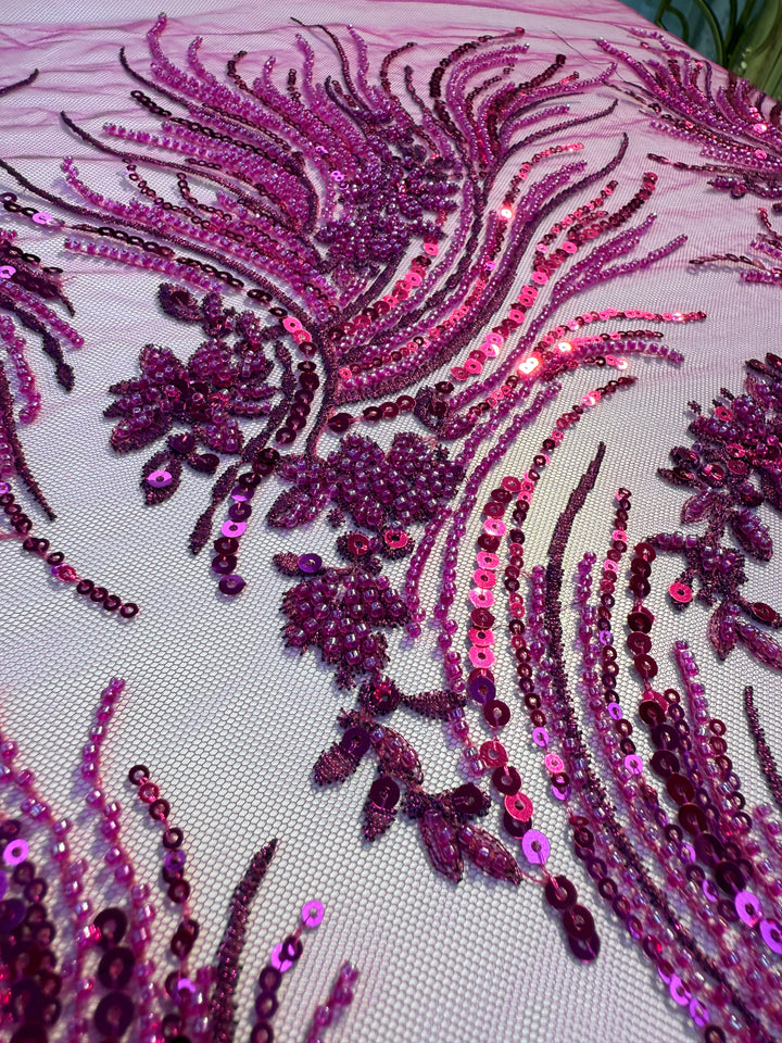 Luxury Magenta Sequin & Bead Embroidered Tulle Fabric – Haute Couture Evening & Bridal Wear (1 Piece = 2.5 Meter)