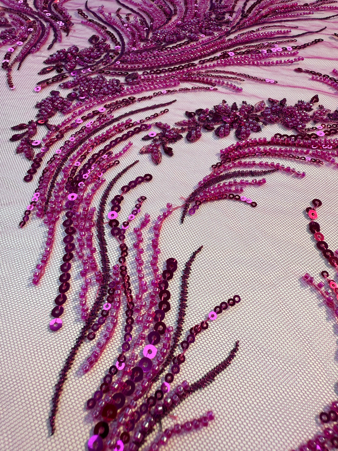 Luxury Magenta Sequin & Bead Embroidered Tulle Fabric – Haute Couture Evening & Bridal Wear (1 Piece = 2.5 Meter)