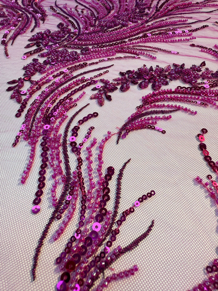 Luxury Magenta Sequin & Bead Embroidered Tulle Fabric – Haute Couture Evening & Bridal Wear (1 Piece = 2.5 Meter)