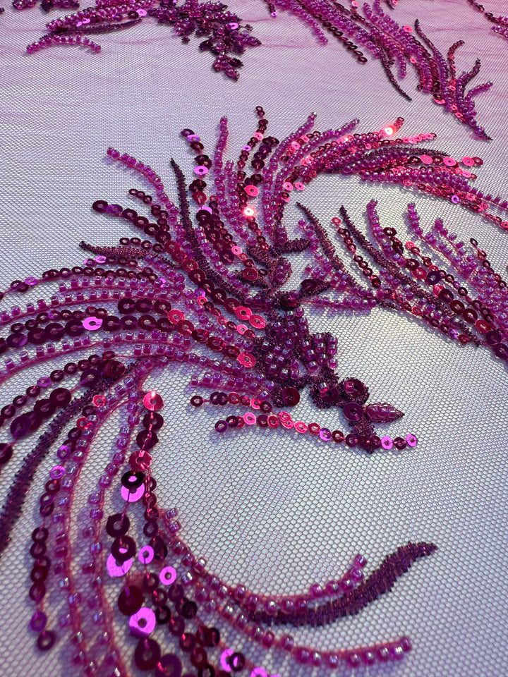 Luxury Magenta Sequin & Bead Embroidered Tulle Fabric – Haute Couture Evening & Bridal Wear (1 Piece = 2.5 Meter)