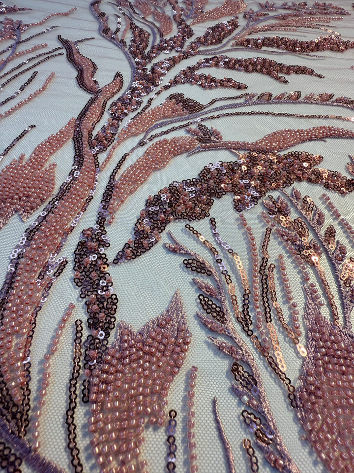 Luxury Dusty Rose Sequin Embroidered Tulle Fabric – Haute Couture Bridal & Evening Wear (1 Piece = 2.5 Meter)