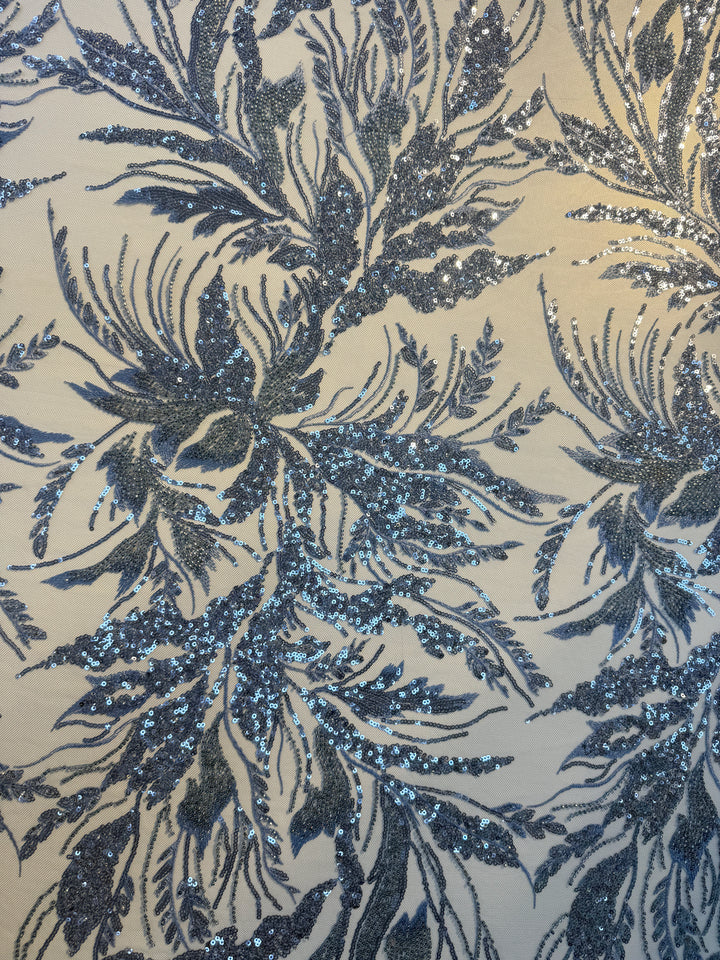 Luxury Steel Blue Sequin & Beaded Embroidered Tulle Fabric( 1 Piece = 2.5 Meter)