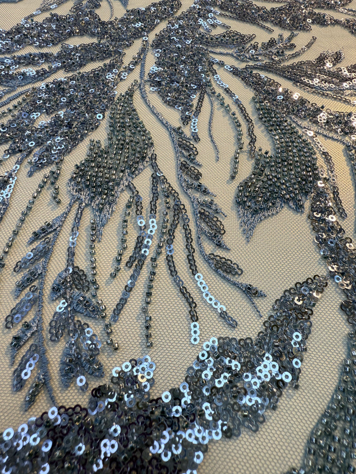 Luxury Steel Blue Sequin & Beaded Embroidered Tulle Fabric( 1 Piece = 2.5 Meter)