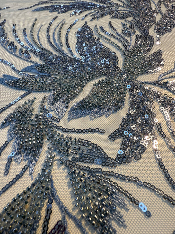 Luxury Steel Blue Sequin & Beaded Embroidered Tulle Fabric( 1 Piece = 2.5 Meter)