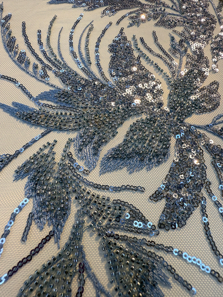 Luxury Steel Blue Sequin & Beaded Embroidered Tulle Fabric( 1 Piece = 2.5 Meter)