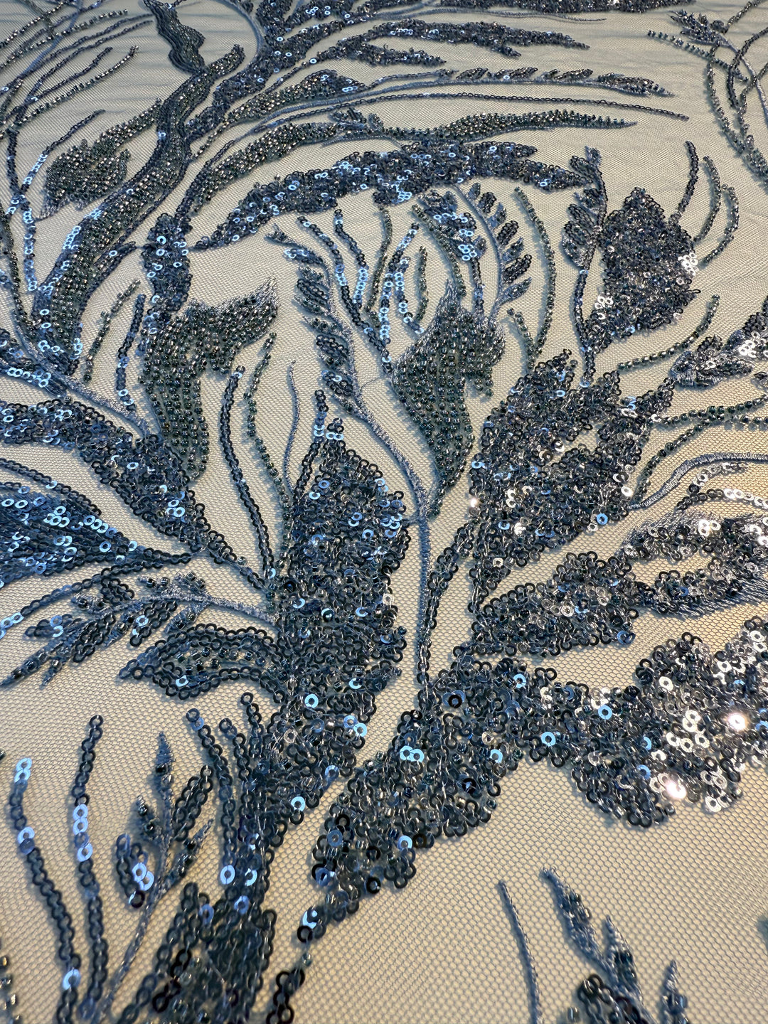 Luxury Steel Blue Sequin & Beaded Embroidered Tulle Fabric( 1 Piece = 2.5 Meter)