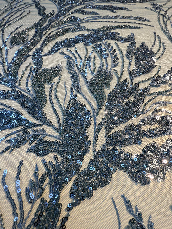 Luxury Steel Blue Sequin & Beaded Embroidered Tulle Fabric( 1 Piece = 2.5 Meter)