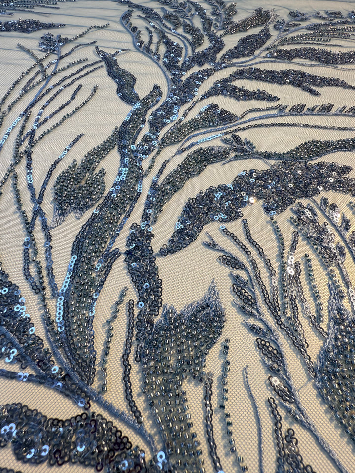 Luxury Steel Blue Sequin & Beaded Embroidered Tulle Fabric( 1 Piece = 2.5 Meter)