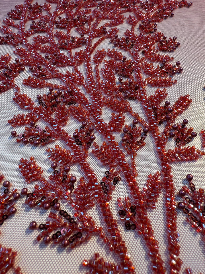 000Luxury Burgundy Beaded Tulle with Stones & Pearls – Handcrafted Couture Fabric for Evening & Bridal Gowns( 1 Piece = 2 Meter)