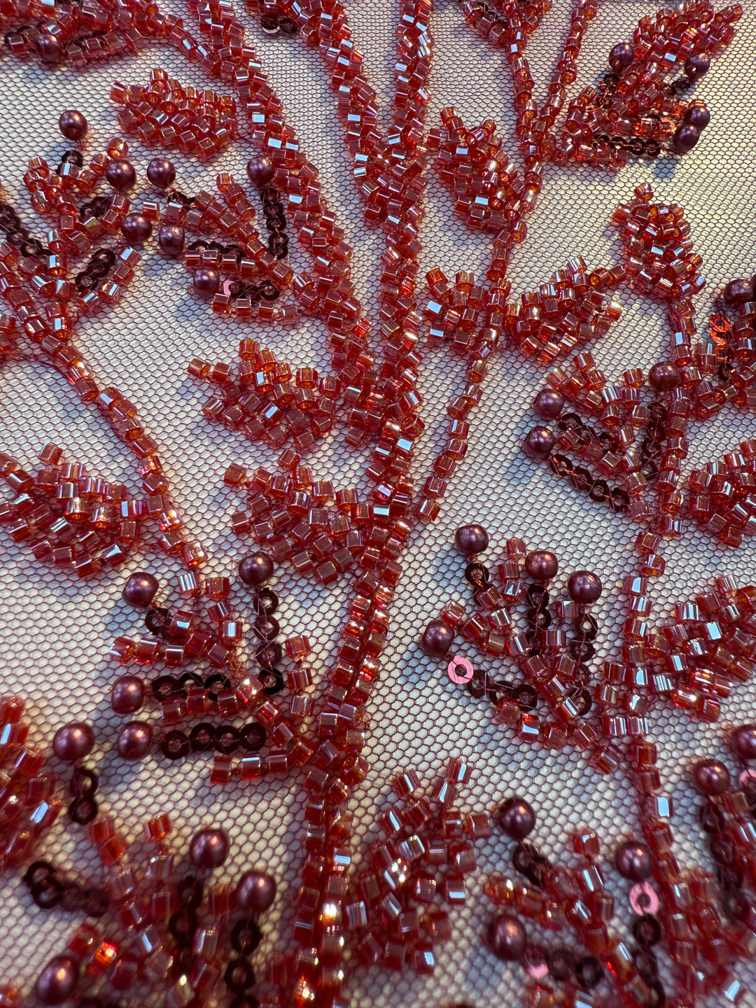 000Luxury Burgundy Beaded Tulle with Stones & Pearls – Handcrafted Couture Fabric for Evening & Bridal Gowns( 1 Piece = 2 Meter)