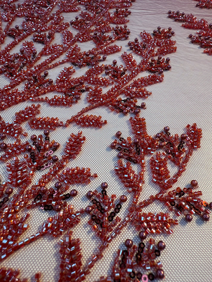 000Luxury Burgundy Beaded Tulle with Stones & Pearls – Handcrafted Couture Fabric for Evening & Bridal Gowns( 1 Piece = 2 Meter)