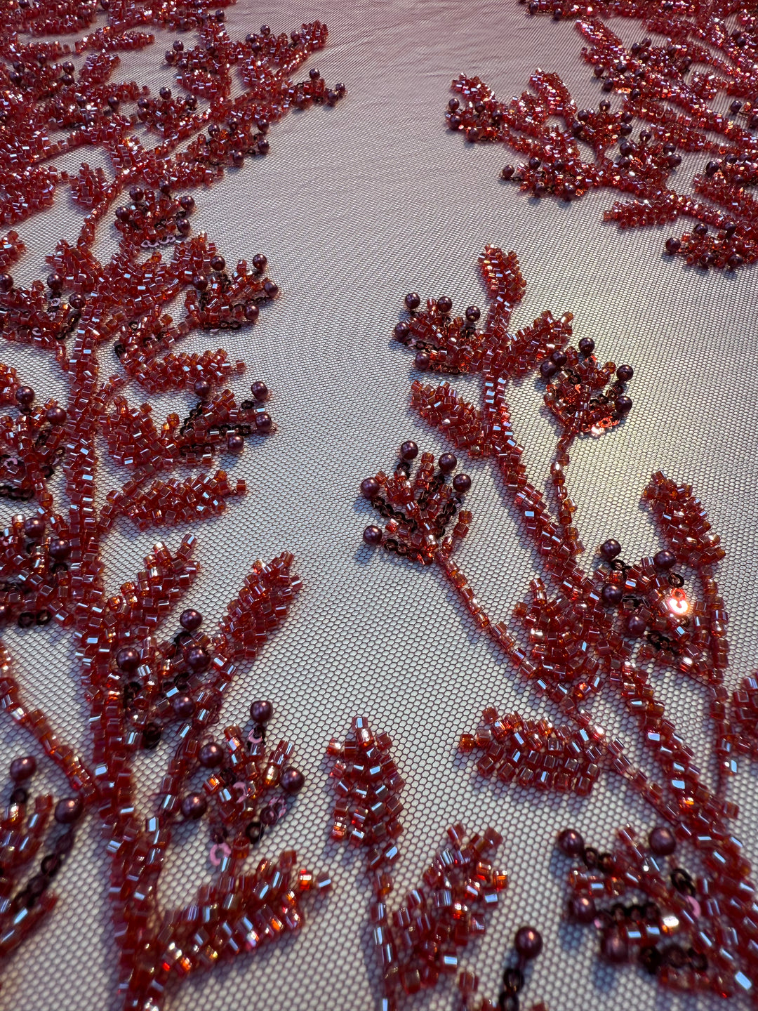 000Luxury Burgundy Beaded Tulle with Stones & Pearls – Handcrafted Couture Fabric for Evening & Bridal Gowns( 1 Piece = 2 Meter)