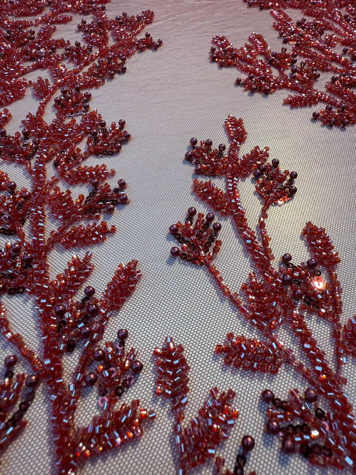 000Luxury Burgundy Beaded Tulle with Stones & Pearls – Handcrafted Couture Fabric for Evening & Bridal Gowns( 1 Piece = 2 Meter)