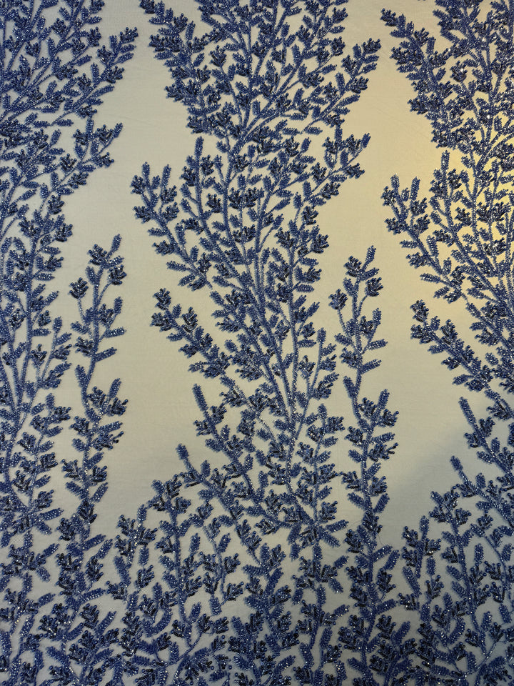 Luxury Royal Blue Beaded Tulle Fabric – Couture Embroidery with Sequins & Pearls( 1 Piece = 2.5 Meter)