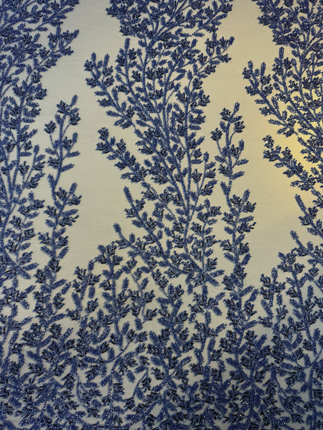 Luxury Royal Blue Beaded Tulle Fabric – Couture Embroidery with Sequins & Pearls( 1 Piece = 2.5 Meter)