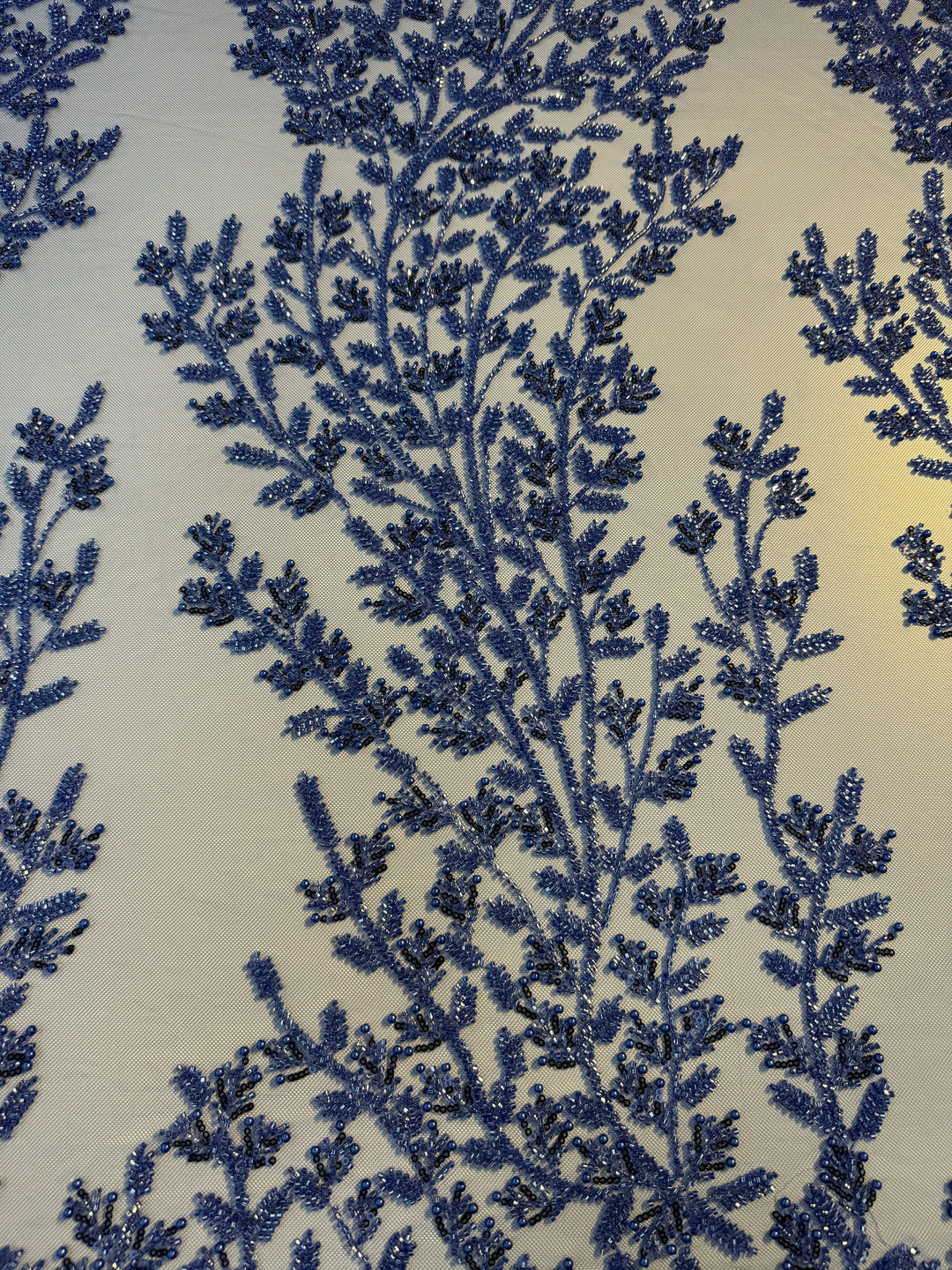 Luxury Royal Blue Beaded Tulle Fabric – Couture Embroidery with Sequins & Pearls( 1 Piece = 2.5 Meter)