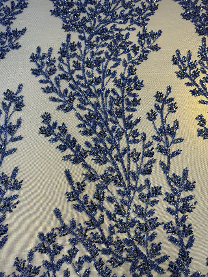 Luxury Royal Blue Beaded Tulle Fabric – Couture Embroidery with Sequins & Pearls( 1 Piece = 2.5 Meter)