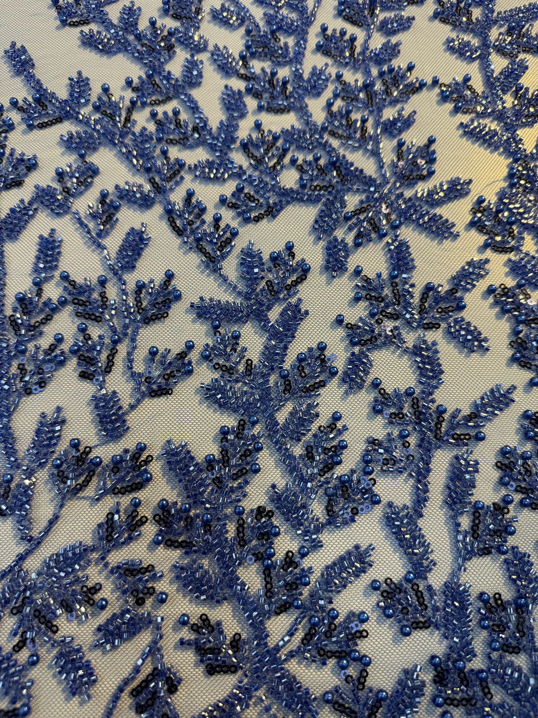 Luxury Royal Blue Beaded Tulle Fabric – Couture Embroidery with Sequins & Pearls ( 1 Piece = 3 Meter)
