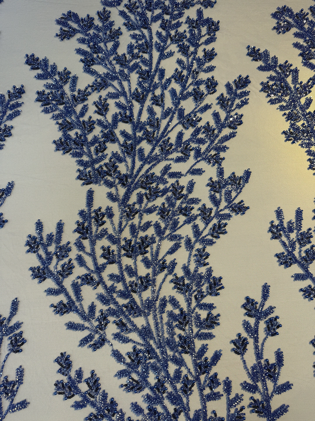 Luxury Royal Blue Beaded Tulle Fabric – Couture Embroidery with Sequins & Pearls( 1 Piece = 2.5 Meter)