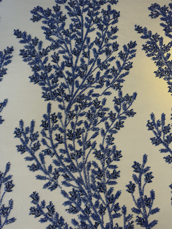 Luxury Royal Blue Beaded Tulle Fabric – Couture Embroidery with Sequins & Pearls( 1 Piece = 2.5 Meter)