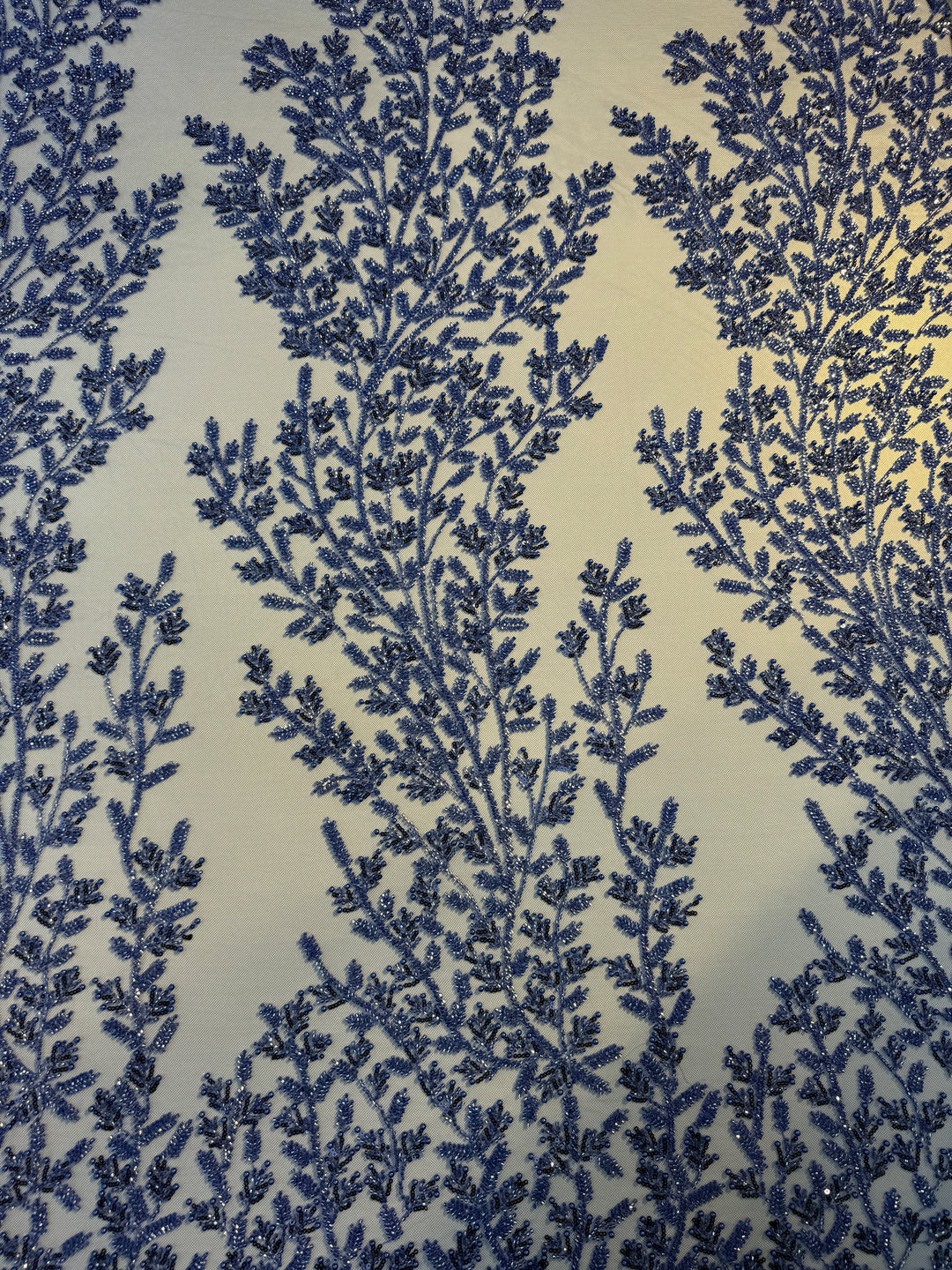 Luxury Royal Blue Beaded Tulle Fabric – Couture Embroidery with Sequins & Pearls( 1 Piece = 2.5 Meter)