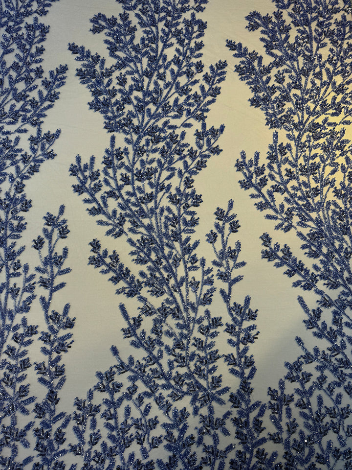 Luxury Royal Blue Beaded Tulle Fabric – Couture Embroidery with Sequins & Pearls ( 1 Piece = 3 Meter)