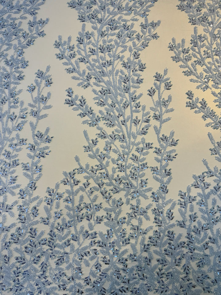 Luxury Sky Blue Beaded & Pearl Embroidered Tulle Fabric – Haute Couture Evening & Bridal Wear( 1 Piece = 2 Meter)