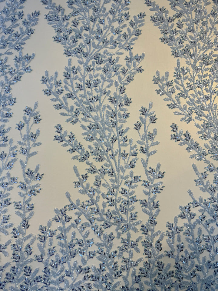 Luxury Sky Blue Beaded & Pearl Embroidered Tulle Fabric – Haute Couture Evening & Bridal Wear( 1 Piece = 2 Meter)