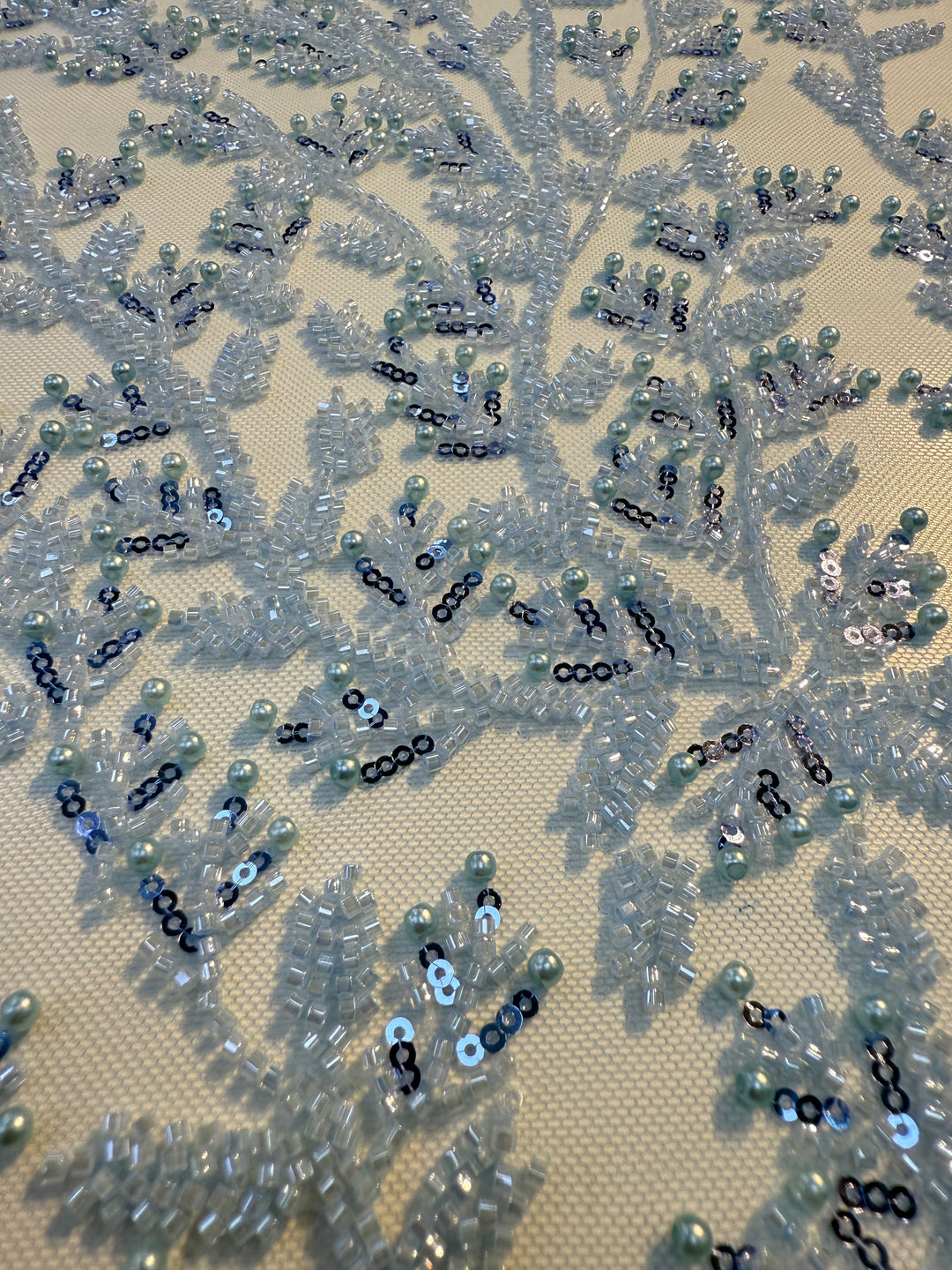 Luxury Sky Blue Beaded & Pearl Embroidered Tulle Fabric – Haute Couture Evening & Bridal Wear( 1 Piece = 2 Meter)
