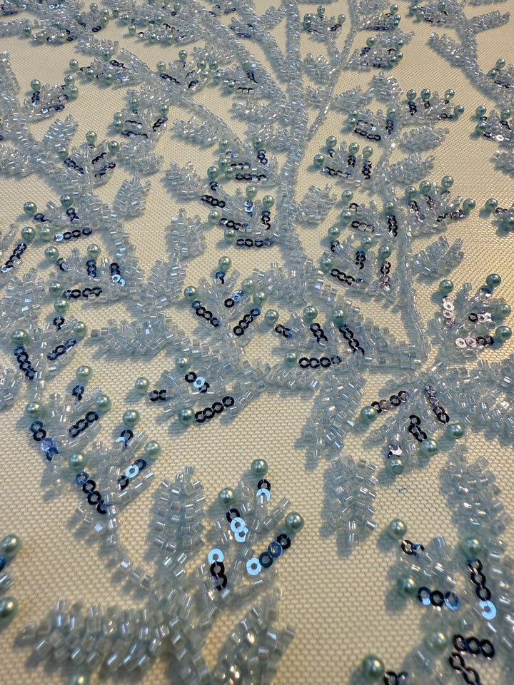 Luxury Sky Blue Beaded & Pearl Embroidered Tulle Fabric – Haute Couture Evening & Bridal Wear( 1 Piece = 2 Meter)
