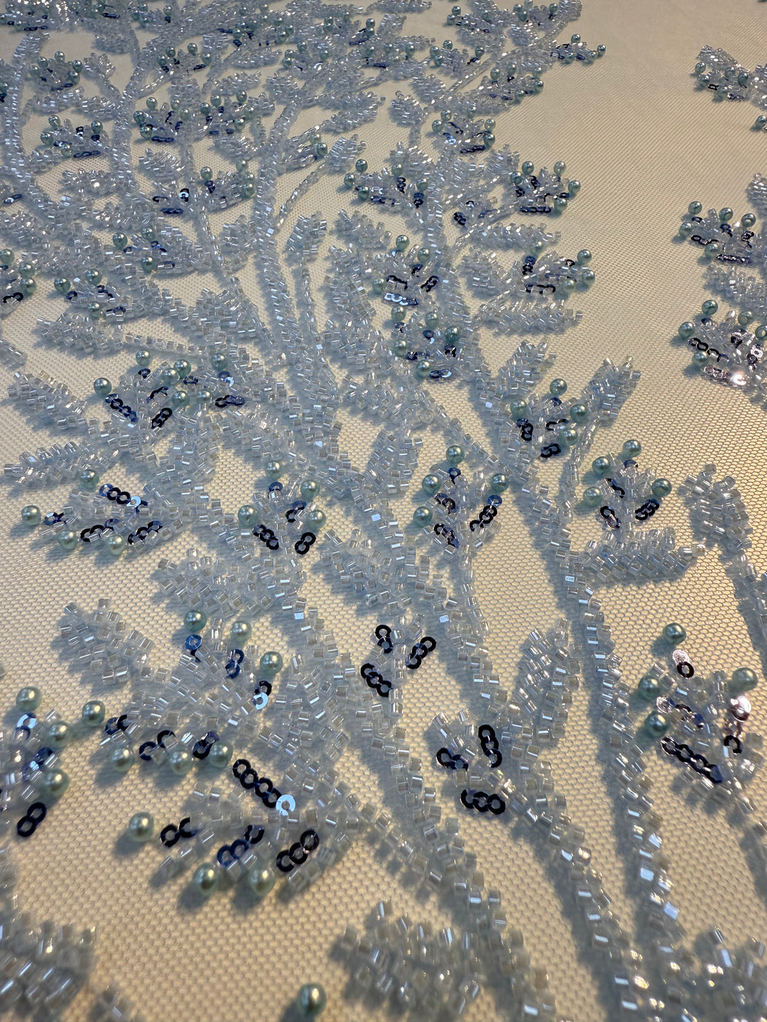 Luxury Sky Blue Beaded & Pearl Embroidered Tulle Fabric – Haute Couture Evening & Bridal Wear( 1 Piece = 2 Meter)