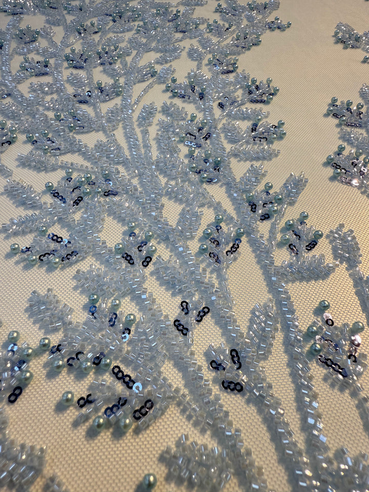 Luxury Sky Blue Beaded & Pearl Embroidered Tulle Fabric – Haute Couture Evening & Bridal Wear( 1 Piece = 2 Meter)