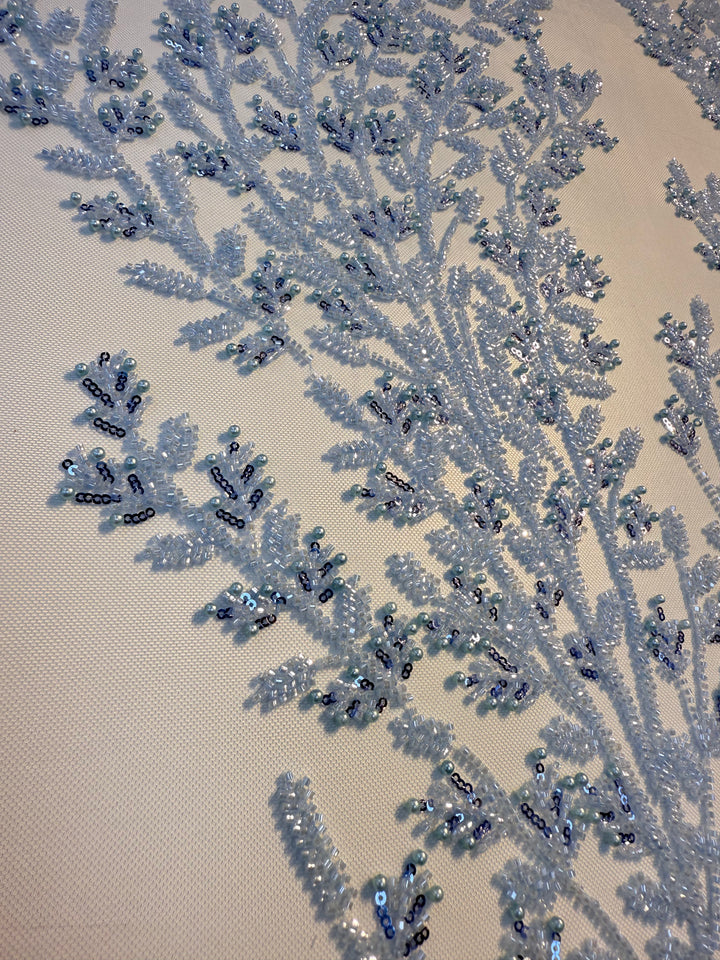 Luxury Sky Blue Beaded & Pearl Embroidered Tulle Fabric – Haute Couture Evening & Bridal Wear( 1 Piece = 2 Meter)
