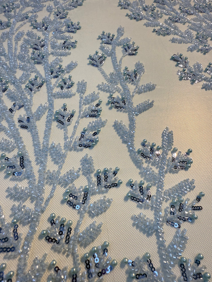 Luxury Sky Blue Beaded & Pearl Embroidered Tulle Fabric – Haute Couture Evening & Bridal Wear( 1 Piece = 2 Meter)