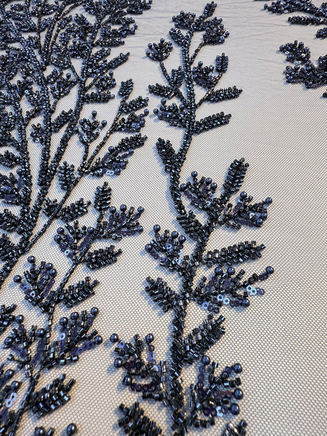 Luxury Navy Beaded Sequin Lace Fabric – Haute Couture Embroidery for Evening Gowns & Dresses ( 1 Piece = 2.5 Meter)